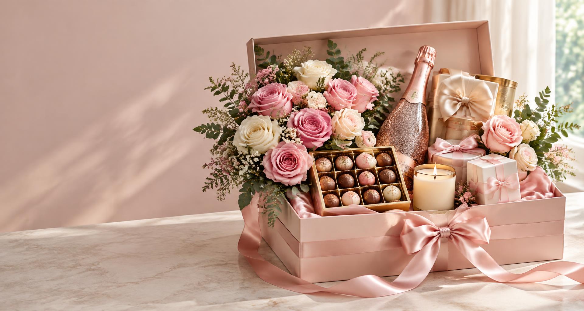Beautiful blush gift hamper with roses, ribbons and chocolates — gifting inspiration